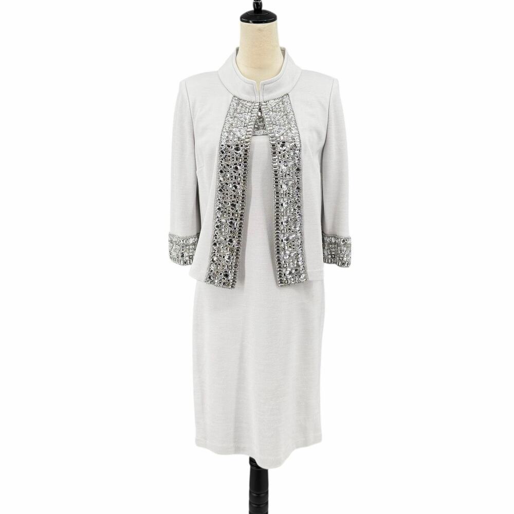 St. John Couture Lght Gray Rhinestone 2 Piece Wool Blend Knit Cardigan Dress Set